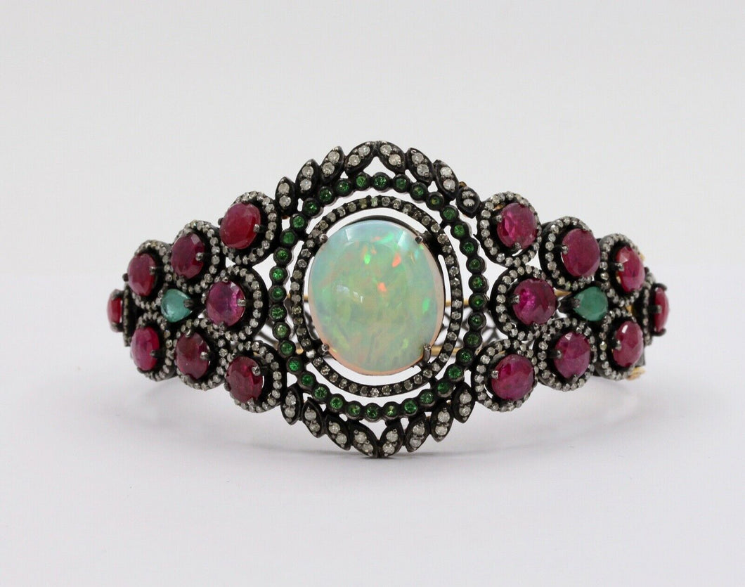 Victorian Revival Opal Rubies Emeralds Tsavorite Diamonds 14K Gold 925 Bangle