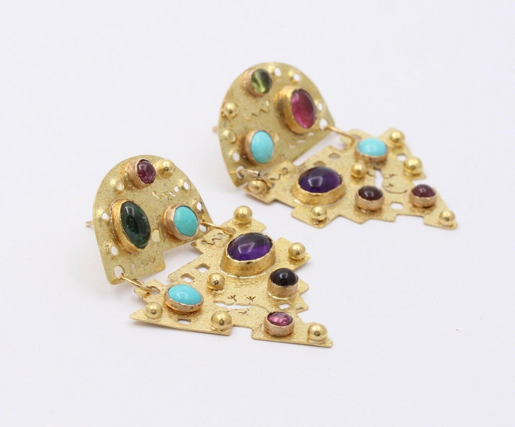 Vintage Multi Stone 18K Yellow Gold Earrings Arizona Mexican