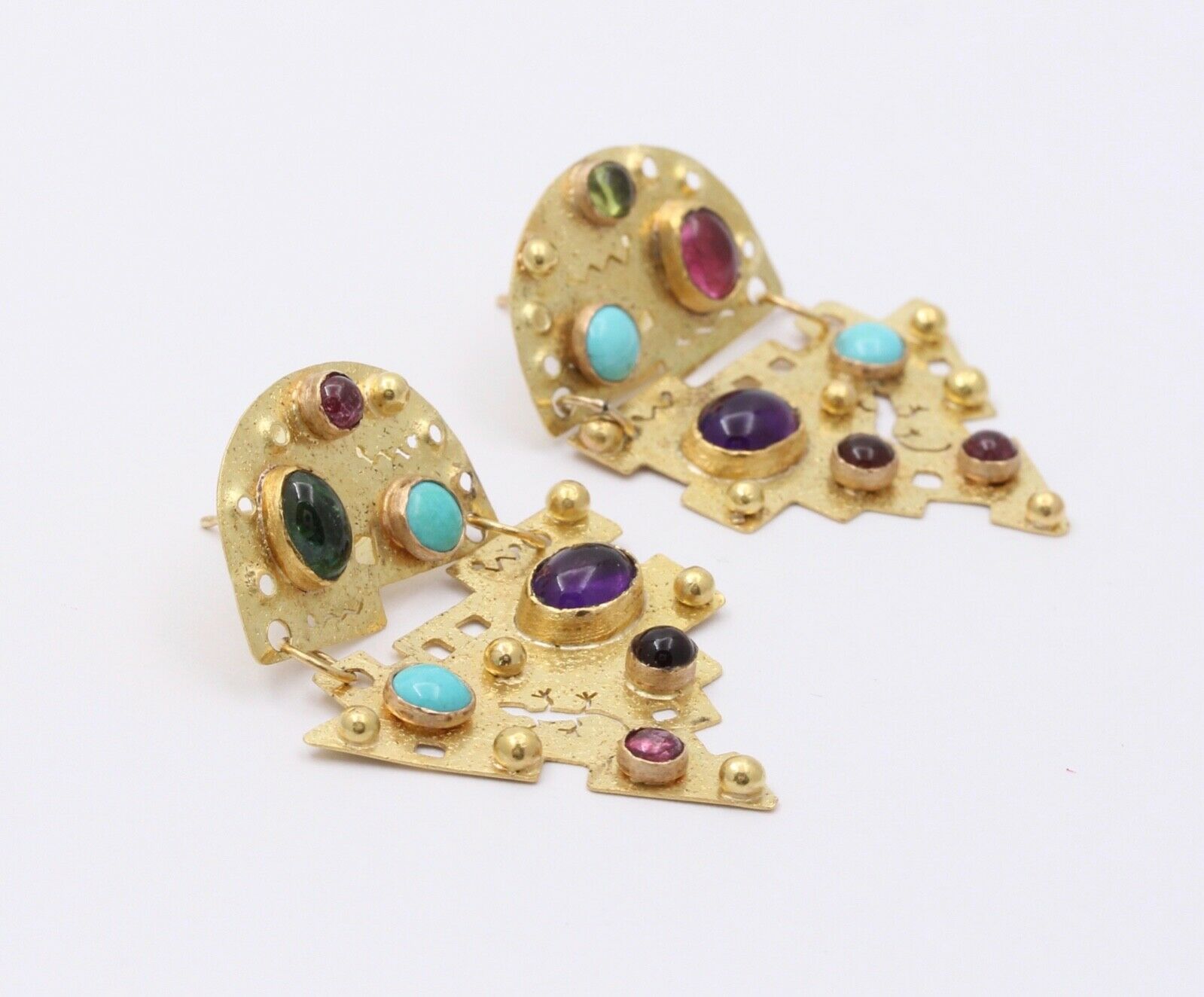 Vintage Multi Stone 18K Yellow Gold Earrings Arizona Mexican