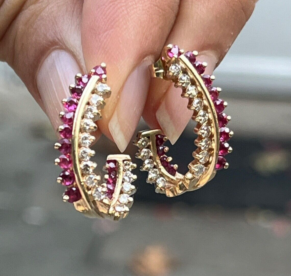 Vintage Retro 14K Gold Ruby and Diamond Huggie Earrings