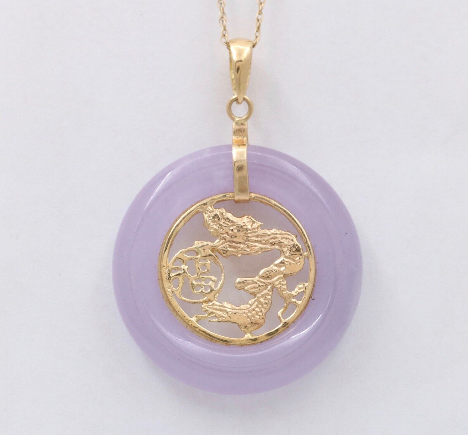 Vintage 14K Gold Lavender Jade Dragon Good Luck Fortune Pendant