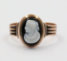 Load image into Gallery viewer, Antique Victorian Carved Black Onyx Woman&#39;s Portrait Rose Gold Ring Band.
