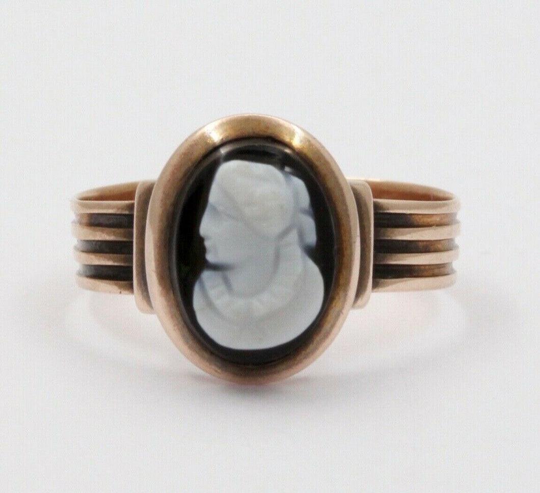 Antique Victorian Carved Black Onyx Woman's Portrait Rose Gold Ring Band.