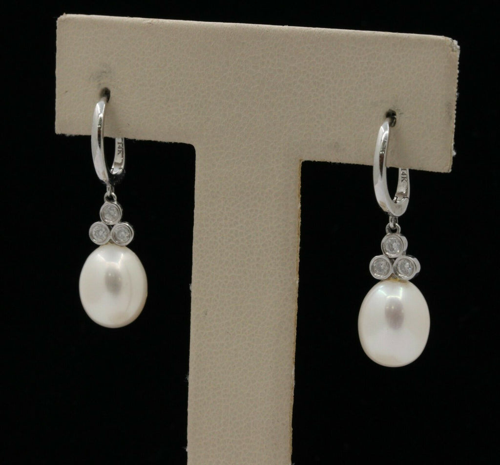 Vintage 14K White Gold Hanging Pearl Diamond Earrings