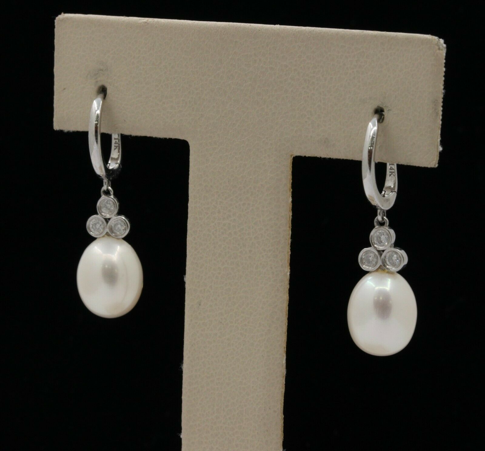Vintage 14K White Gold Hanging Pearl Diamond Earrings