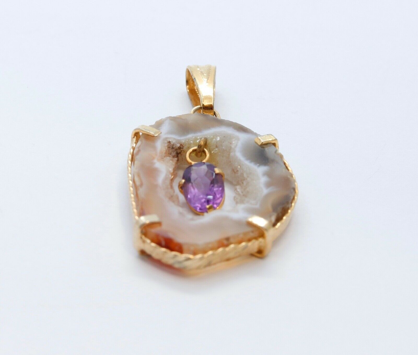 Agate and Amethyst 10K Yellow Gold Vintage Pendant