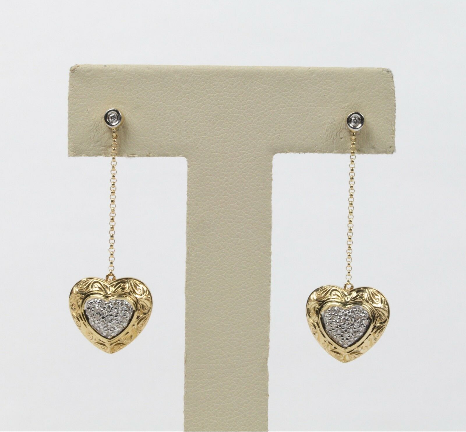Vintage 14K Yellow Gold Diamond Heart Dangling Earrings