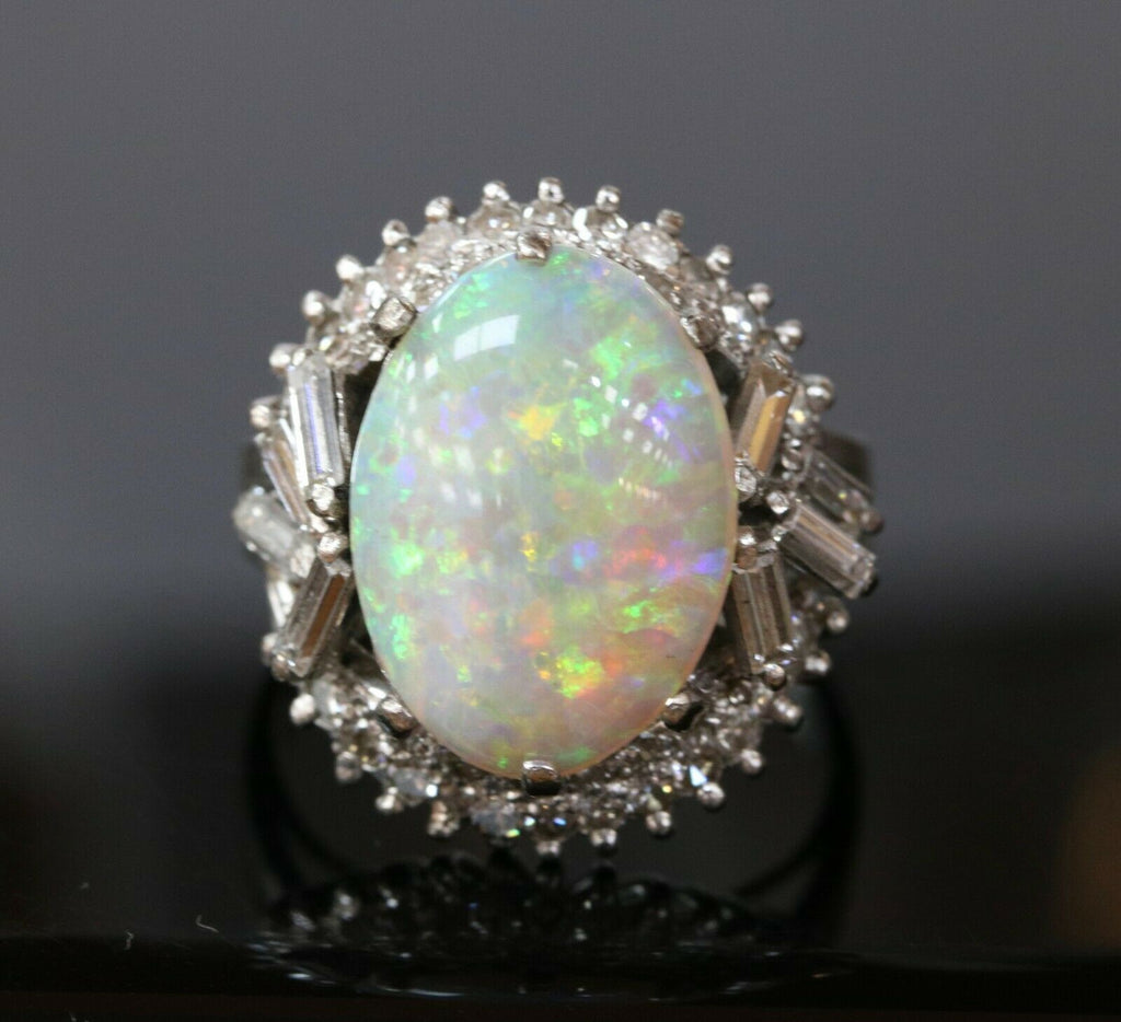 Vintage 1960's Australian Opal and Diamond 14K White Gold Statement Ring