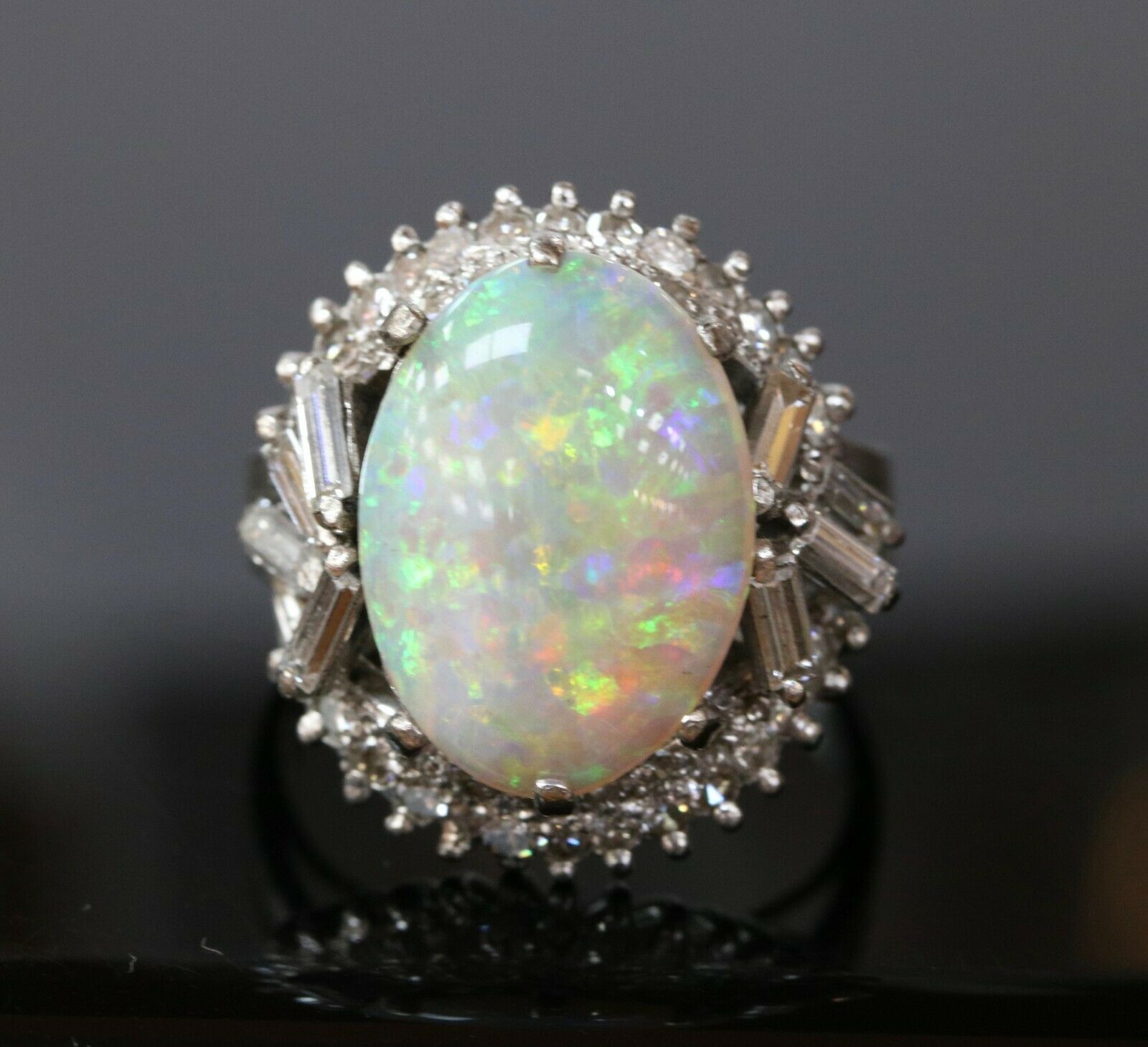 Vintage 1960's Australian Opal and Diamond 14K White Gold Statement Ring