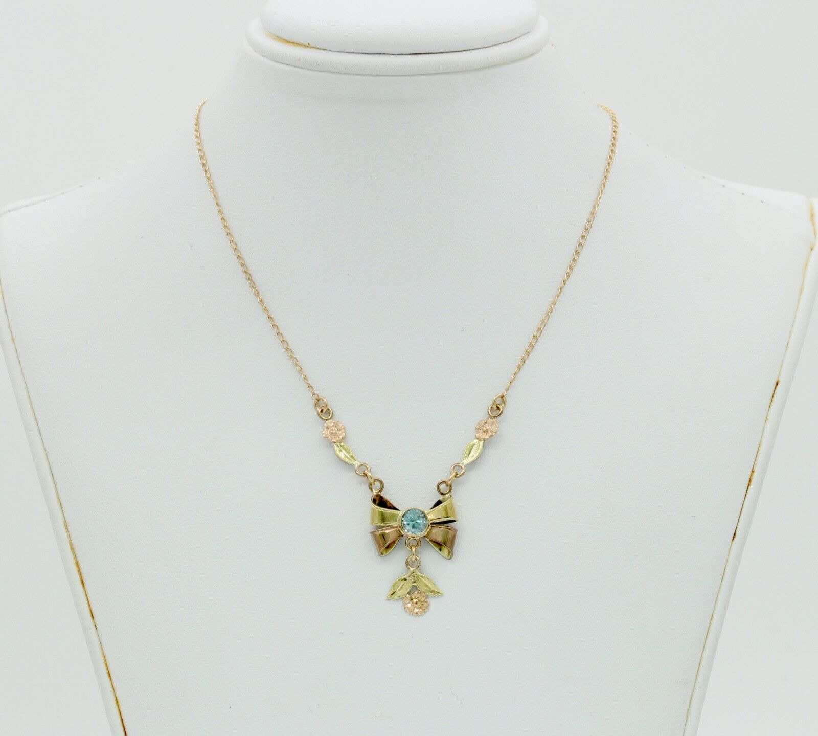 Retro Blue Zircon 10K Rose Yellow Gold Flowers Pendant Chain