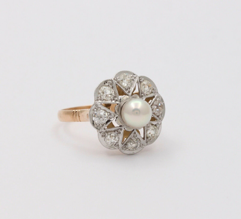 Edwardian Old European Diamonds Natural Pearl Platinum 18K YG Ring