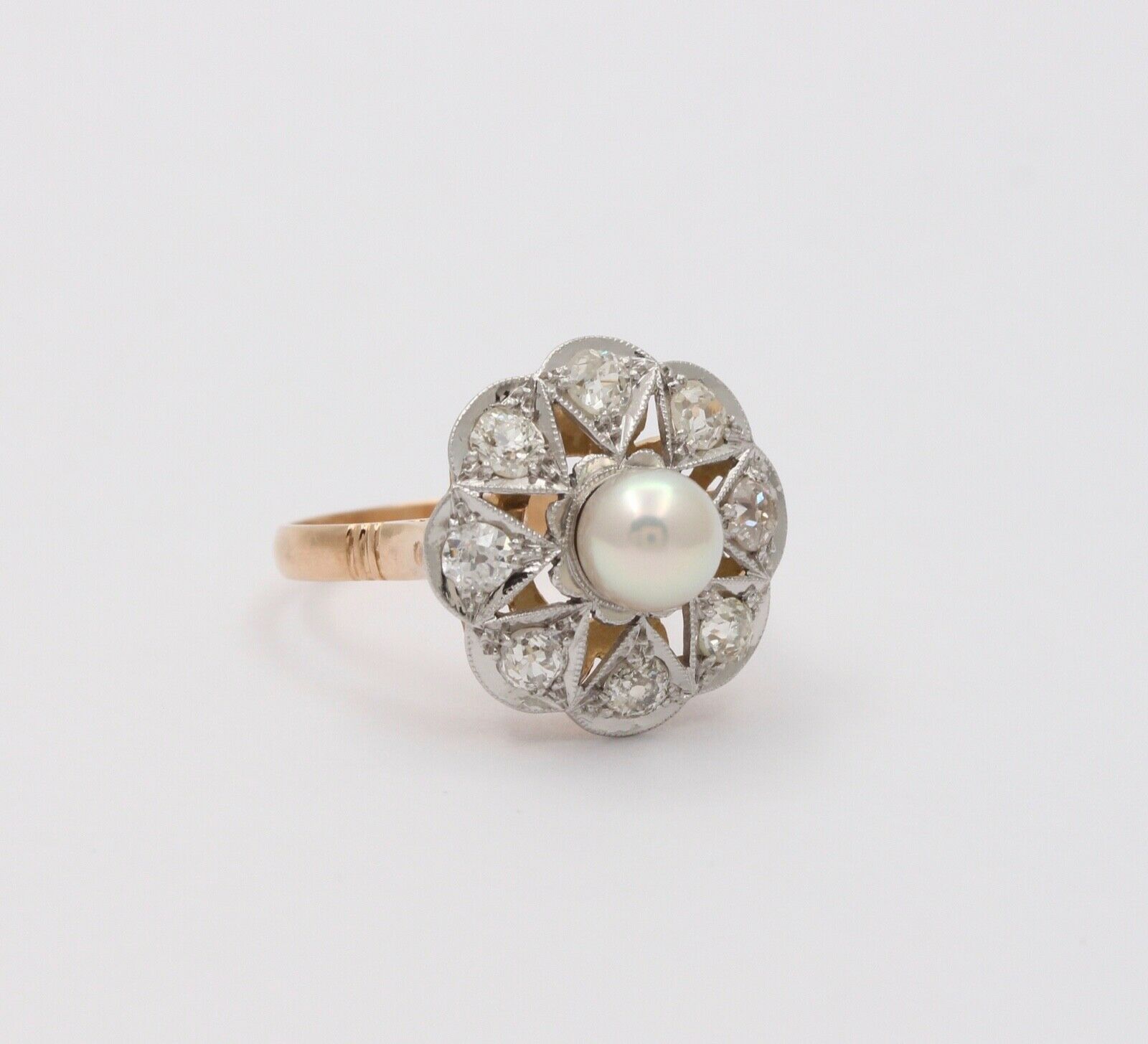 Edwardian Old European Diamonds Natural Pearl Platinum 18K YG Ring