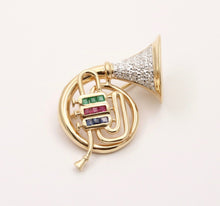 Load image into Gallery viewer, Vintage 14K Gold Diamond, Sapphire, Ruby and Emerald French Horn Pin Brooch
