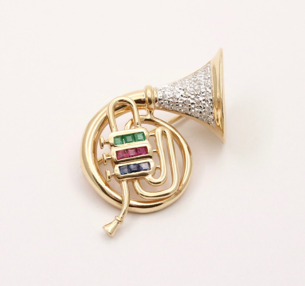 Vintage 14K Gold Diamond, Sapphire, Ruby and Emerald French Horn Pin Brooch