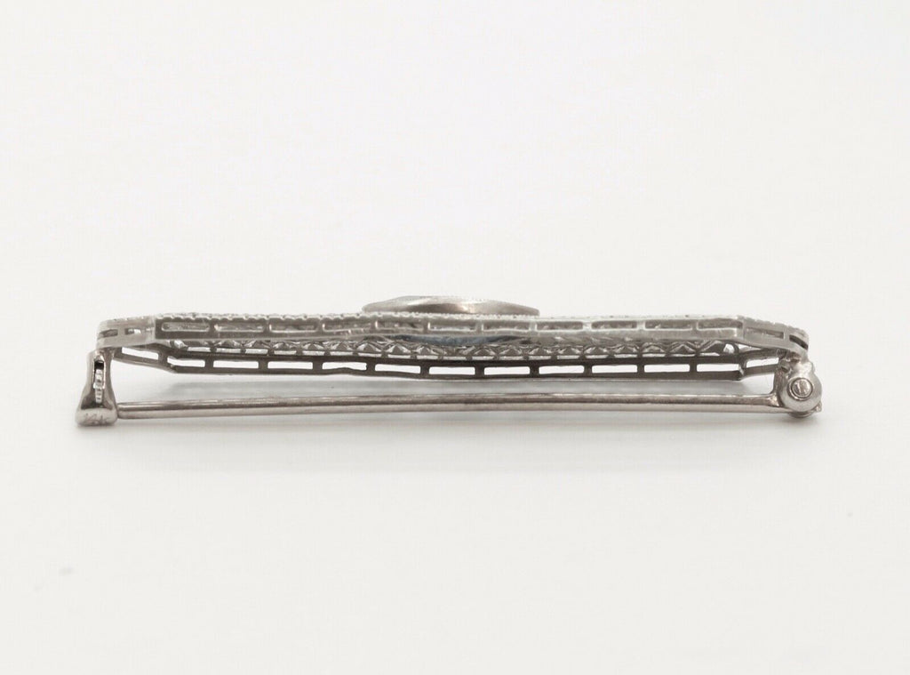 Art Deco Blue Sapphire 14K White Gold Filagree Bar Brooch Pin