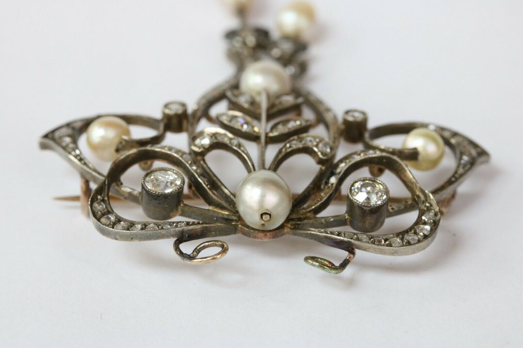 Victorian Gold Over Silver Diamonds Pearls Brooch Pendant
