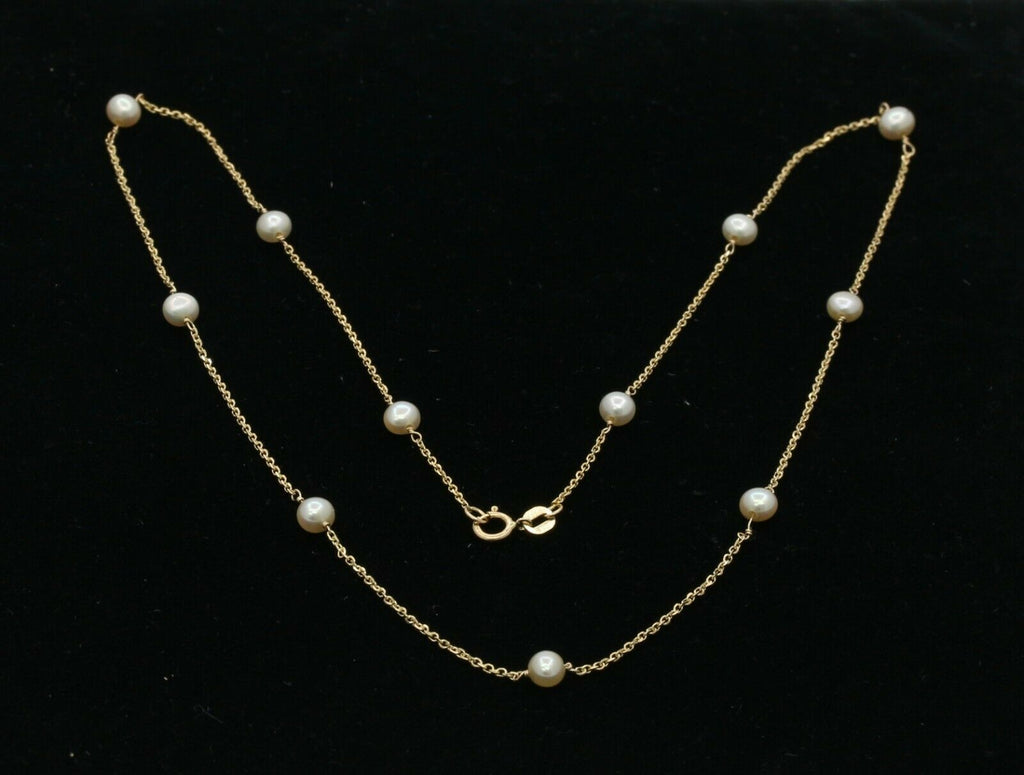 Vintage 14K Yellow Gold Pearl Station Necklace