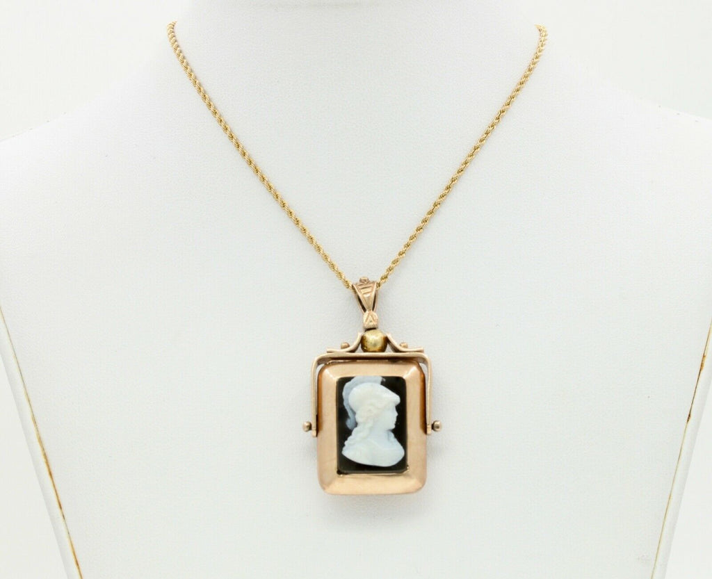 Victorian 10K Gold Onyx Sardonyx Spinning Locket Pendant Chain