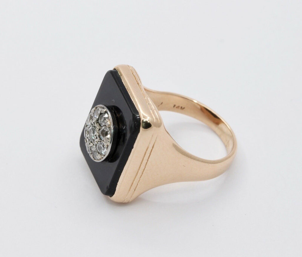 Vintage Unisex Signet Onyx Diamonds 14K Yellow Gold Ring