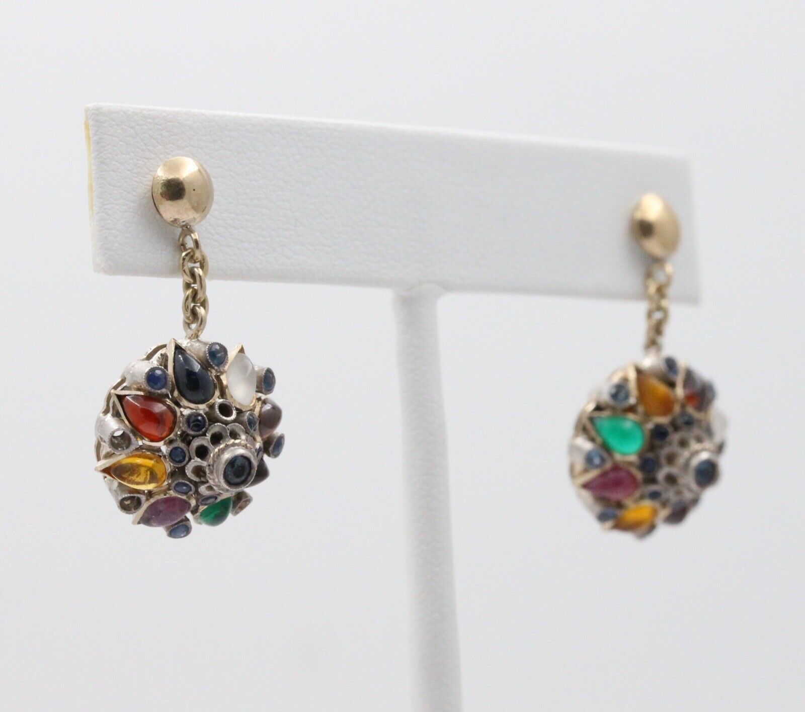 Vintage 14K Yellow Gold Multi- Color Gems Dangling Earrings