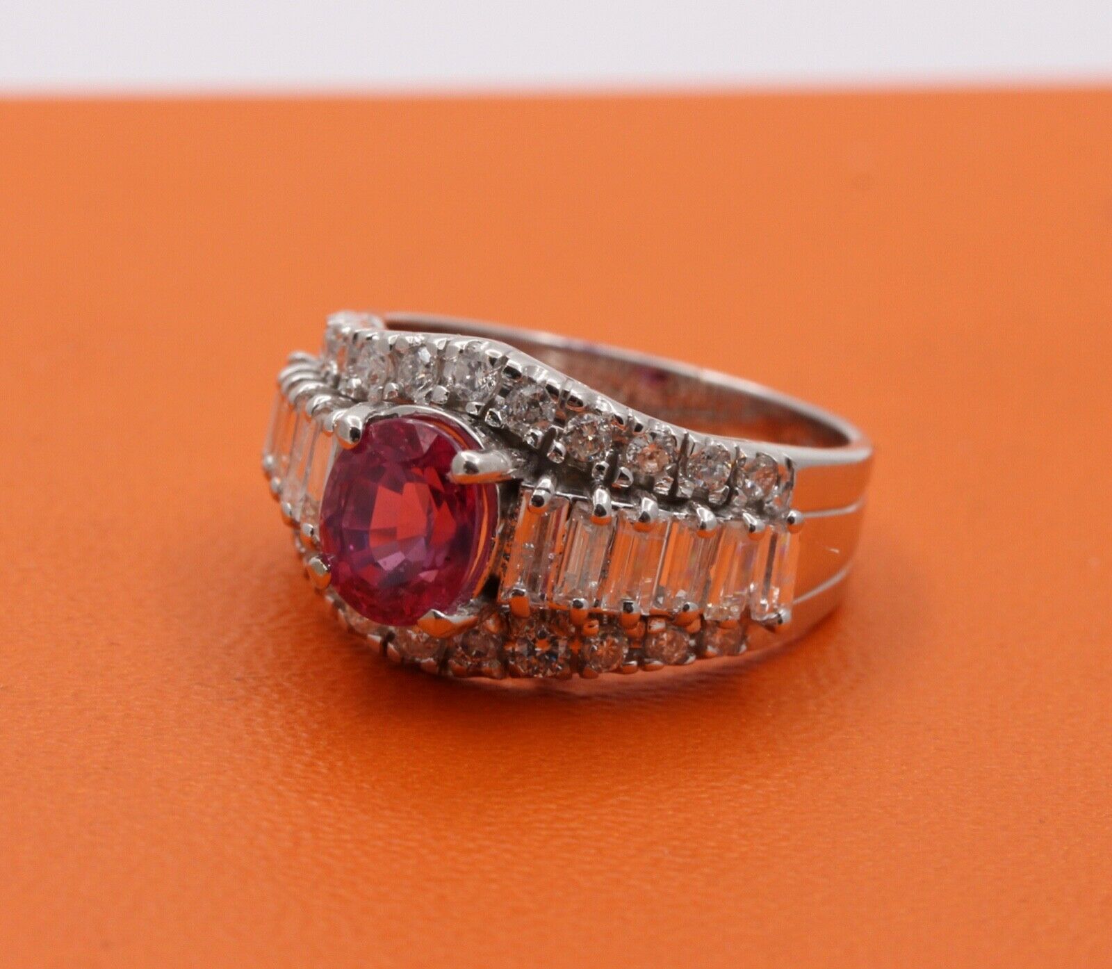 Vintage Pink Sapphire Diamonds 14K White Gold Ring