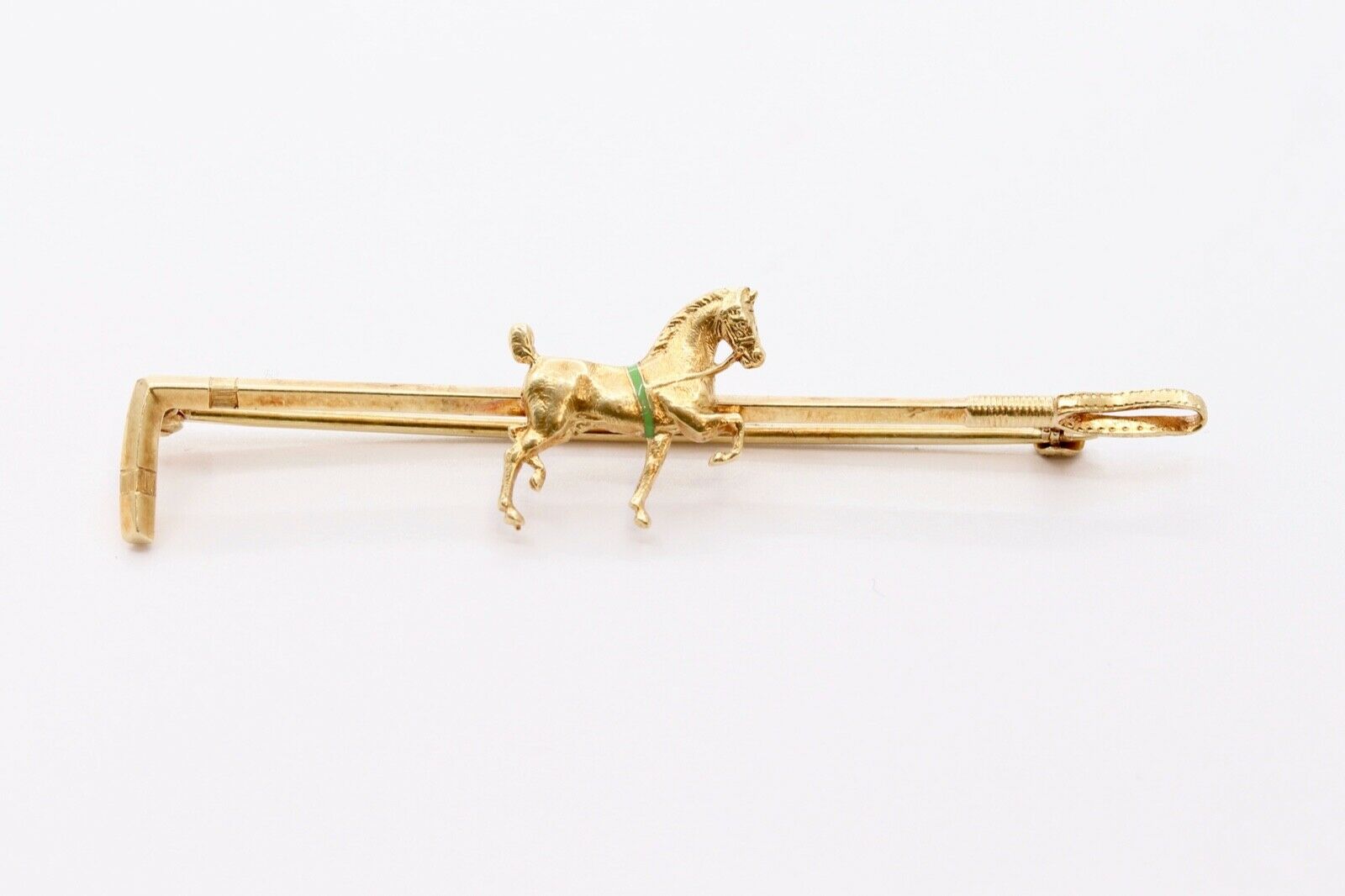 Vintage 14K Yellow Gold Horse and Riding Crop Enamel Brooch Pin