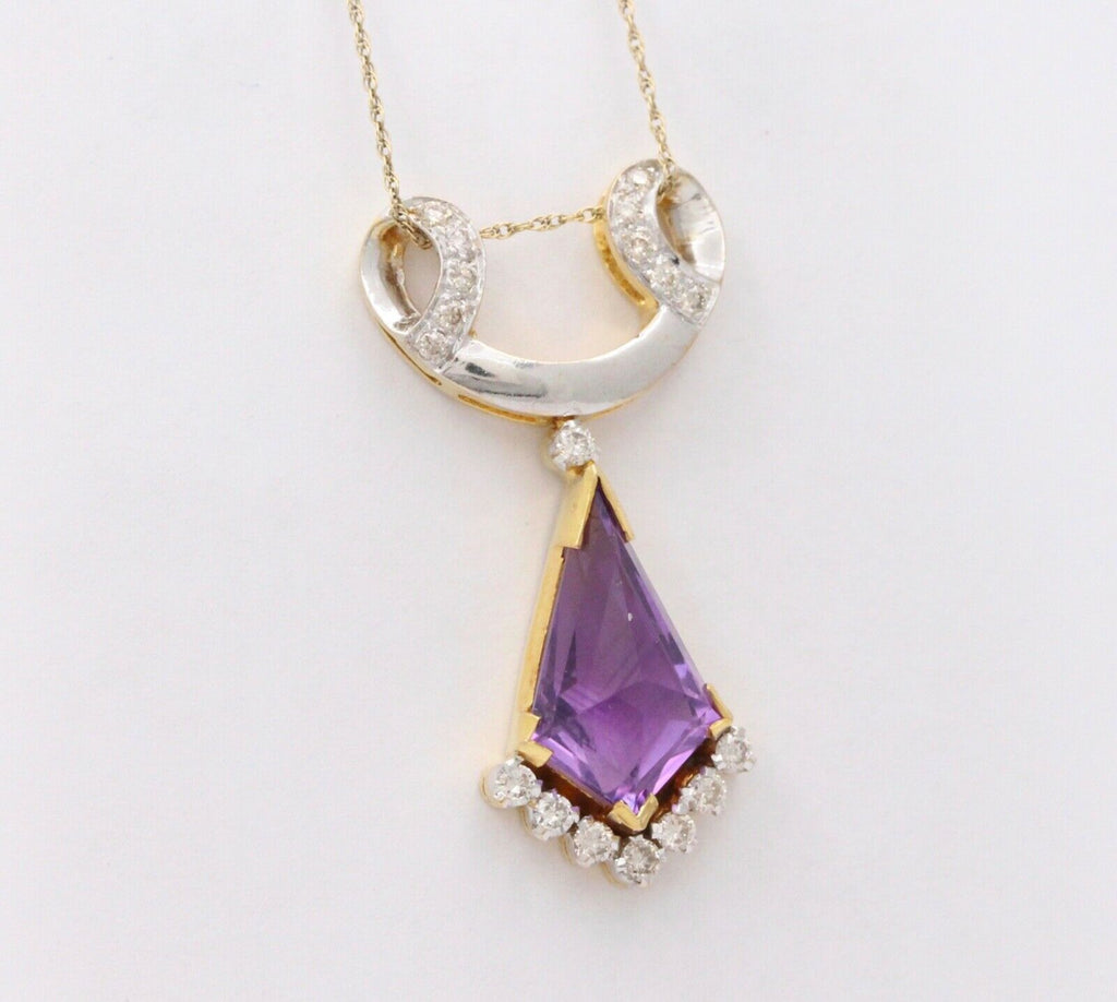 Vintage Geometric Amethyst Diamonds 18K Yellow Gold Platinum Pendant