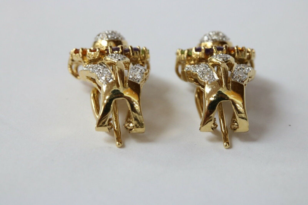 Vintage Sparkling Multi Stone 18K Yellow Gold French Clip Earrings