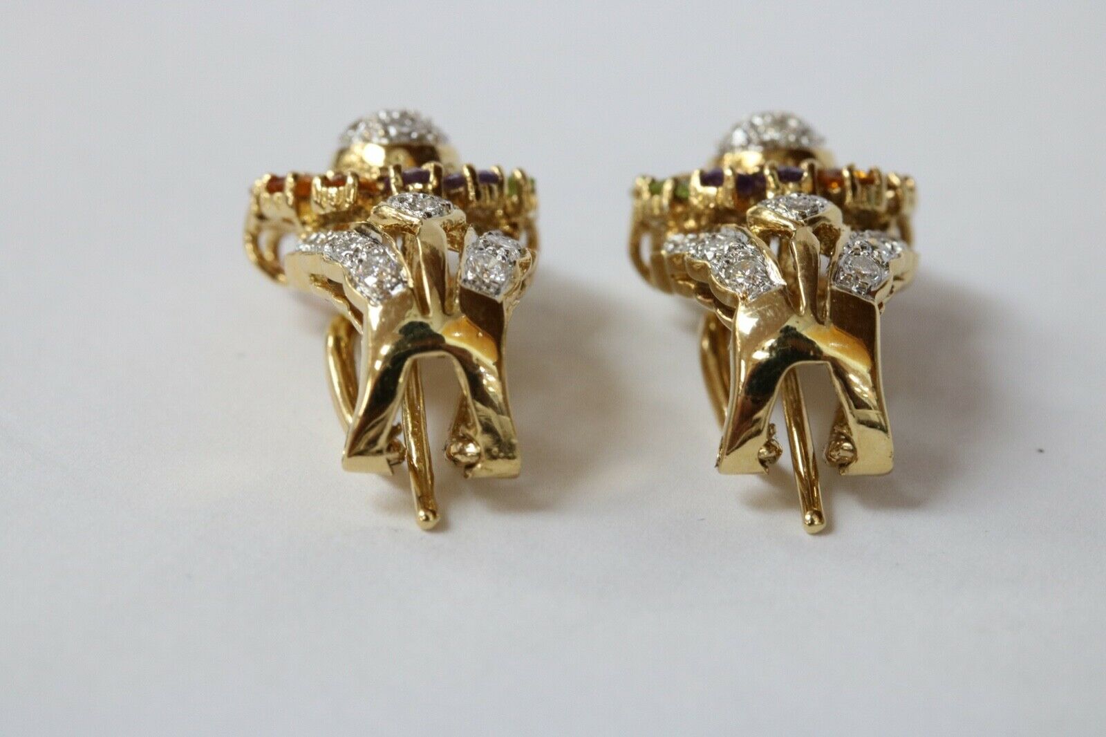 Vintage Sparkling Multi Stone 18K Yellow Gold French Clip Earrings