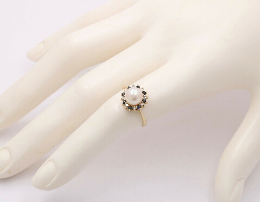 Vintage Pearl Sapphires Diamonds Cluster 14K Yellow Gold Ring