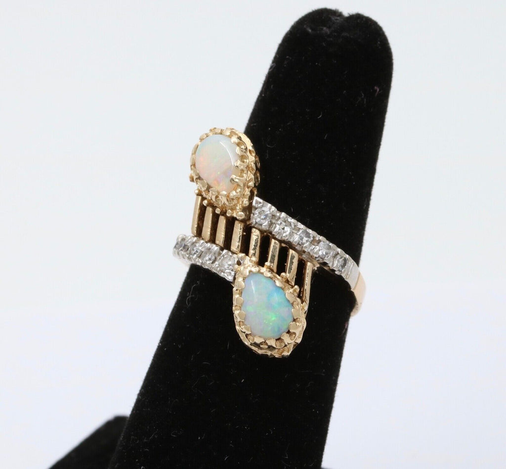 Vintage Geometric Bypass Opal Diamonds 14K Yellow Gold Ring