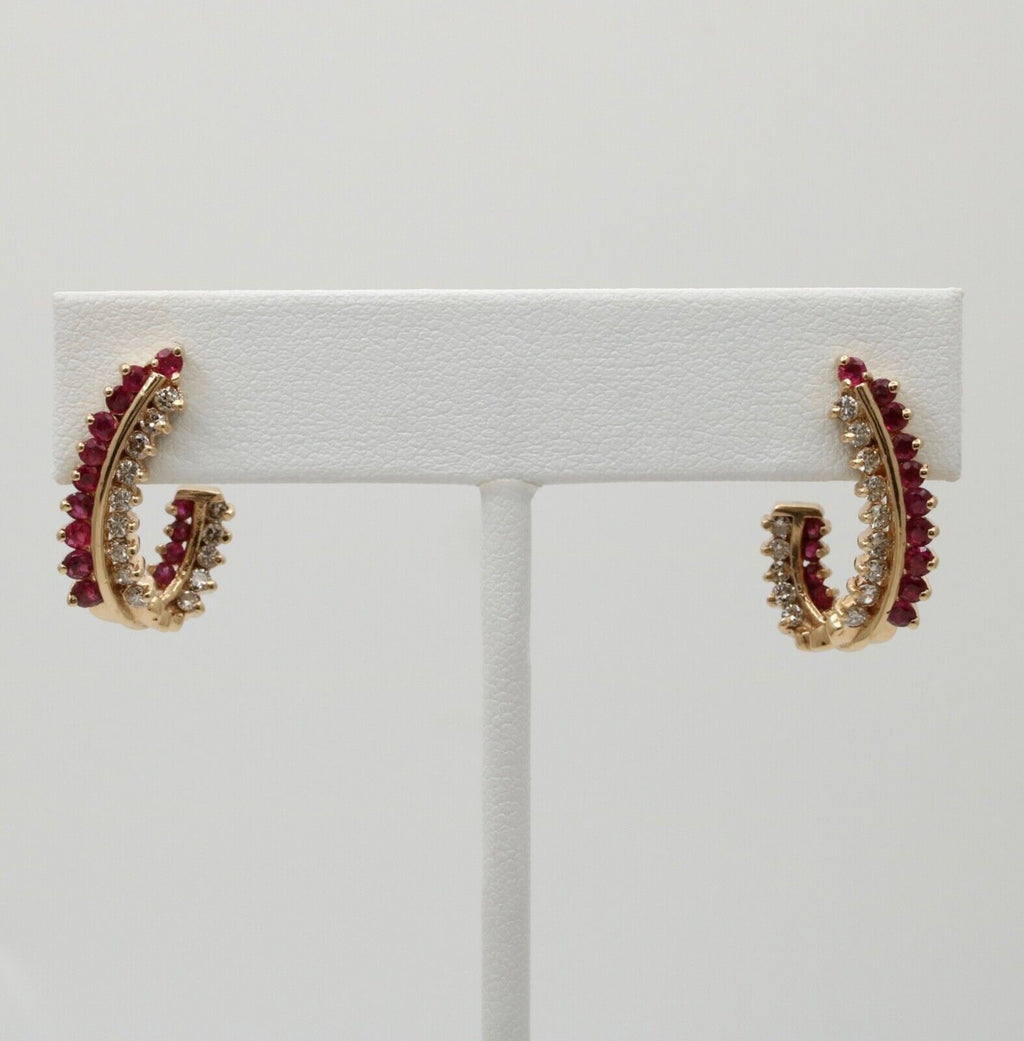 Vintage Retro 14K Gold Ruby and Diamond Huggie Earrings