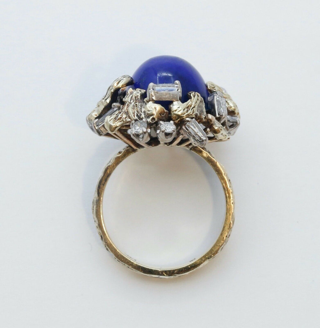 Vintage Tree Vine Cabochon Lapis Lazuli Diamonds 14K Yellow Gold Ring