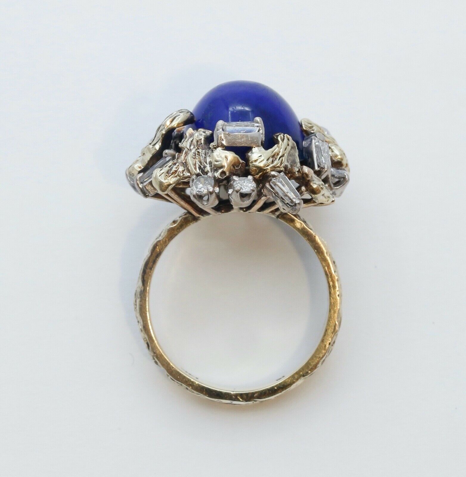 Vintage Tree Vine Cabochon Lapis Lazuli Diamonds 14K Yellow Gold Ring