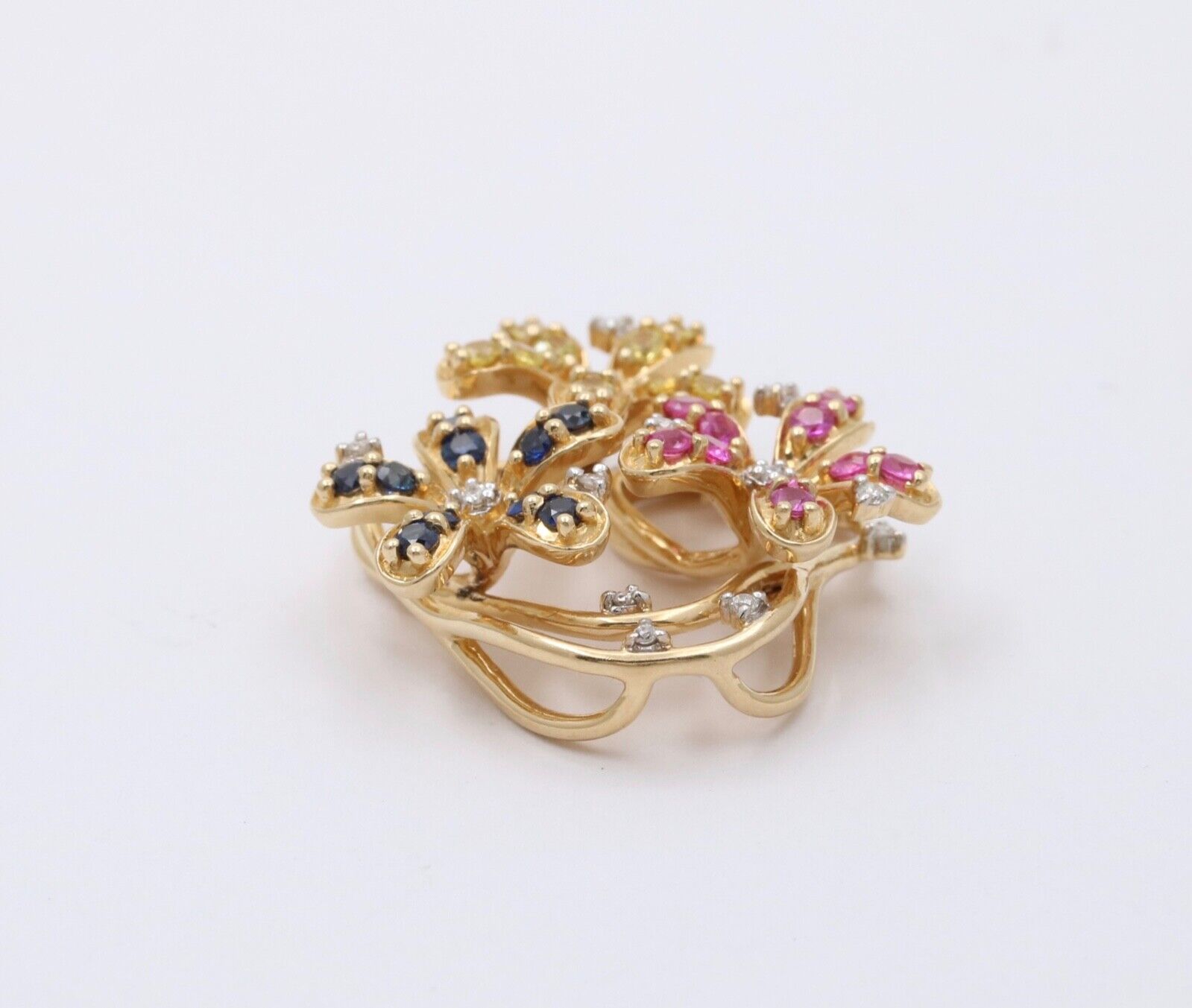 Lovely Multi-Color Sapphire and Diamond 14K Yellow Gold Flower Pendant, Necklace