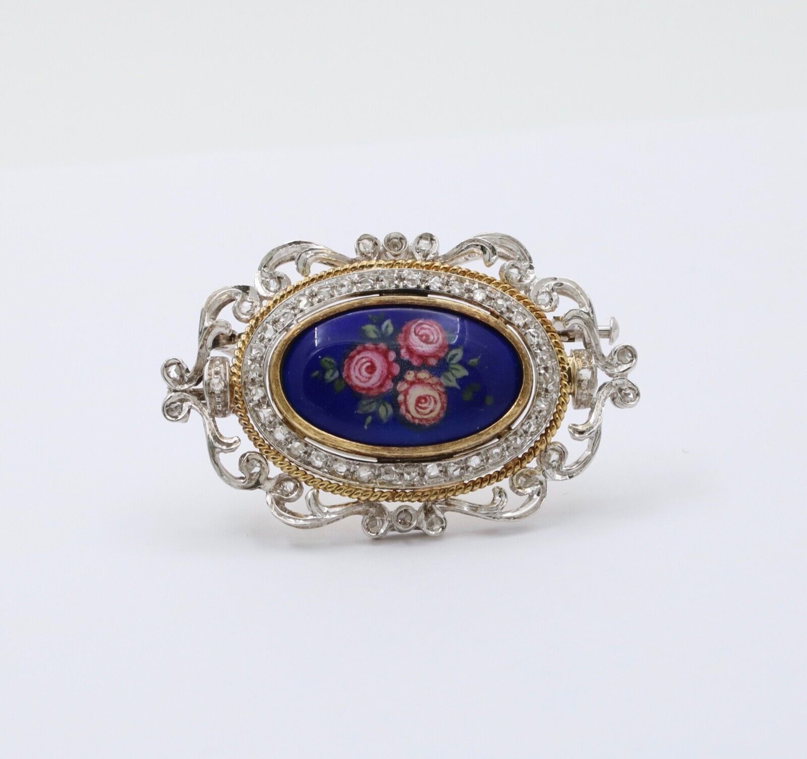 Vintage Italian 18K Gold Flower Painted Porcelain Diamond Pendant Brooch