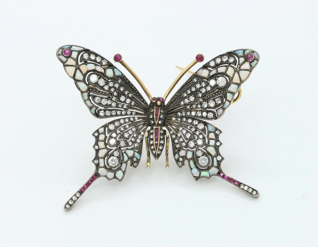 Beautiful Vintage Butterfly Brooch 14K Sterling Silver Diamonds Rubies Opals
