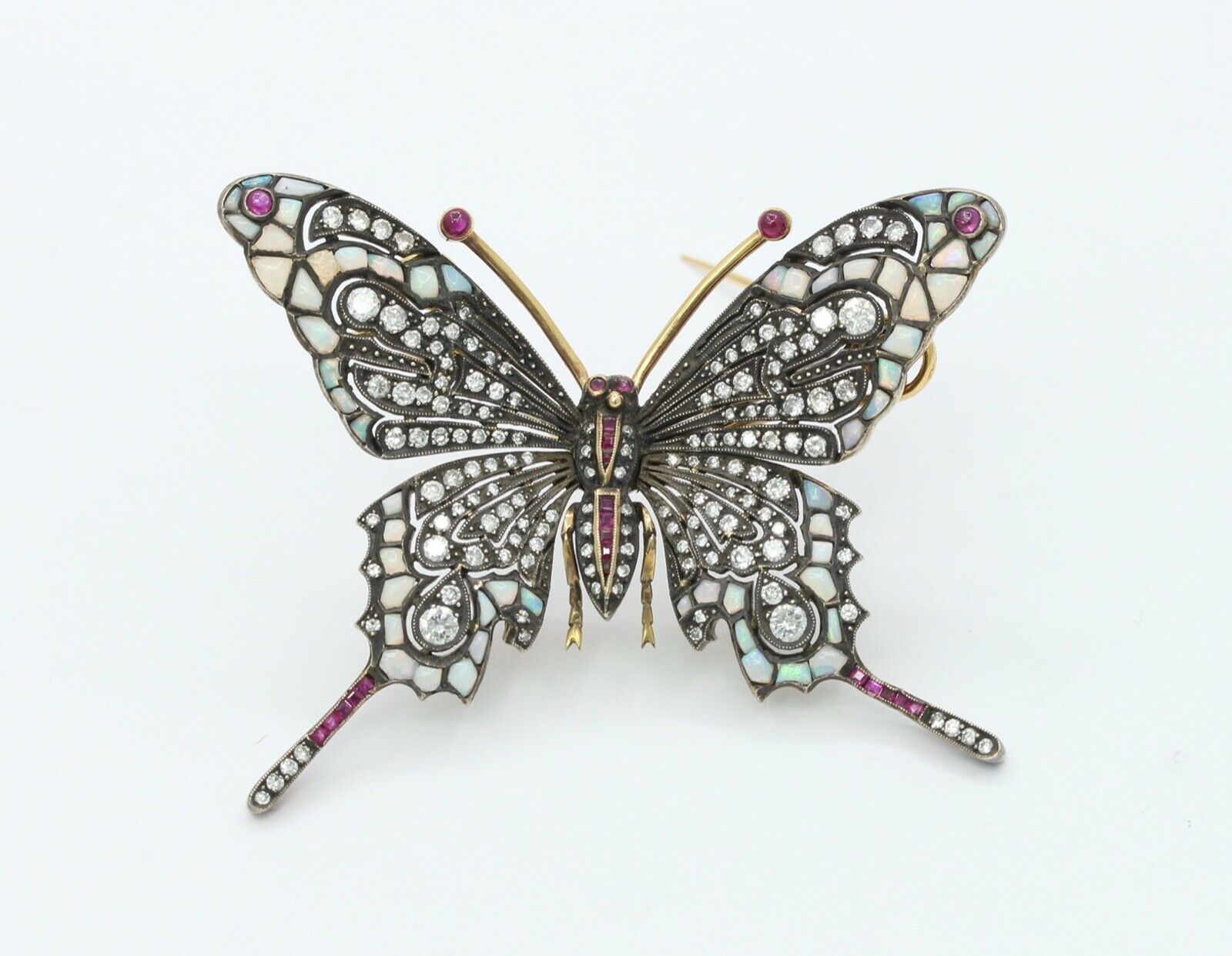 Beautiful Vintage Butterfly Brooch 14K Sterling Silver Diamonds Rubies Opals