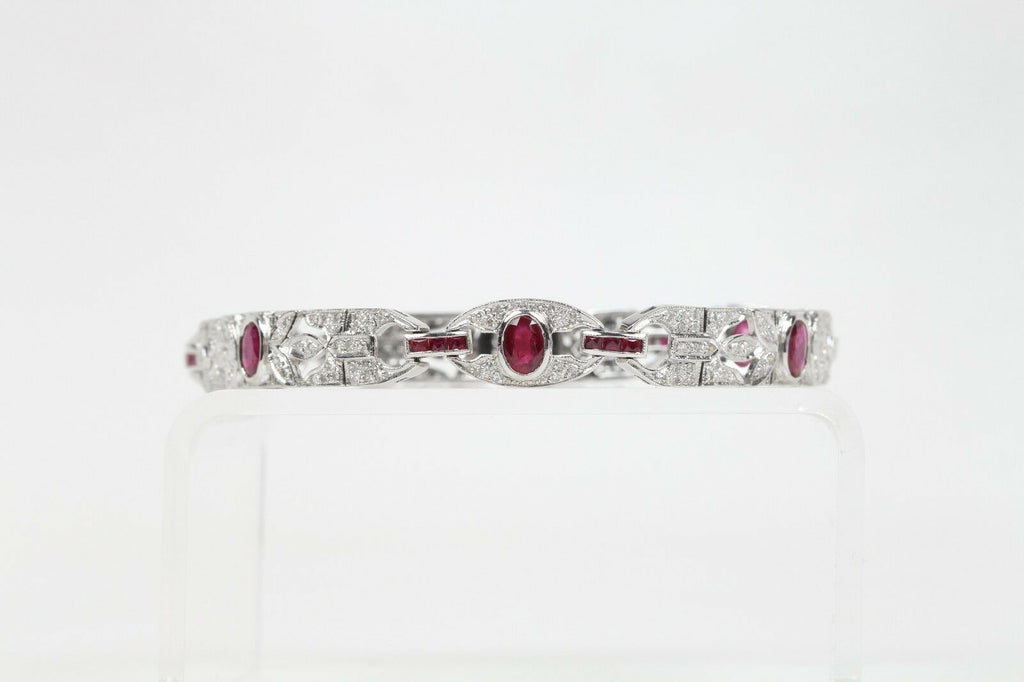 Vintage Ladies Diamonds Rubies 14K White Gold Bracelet