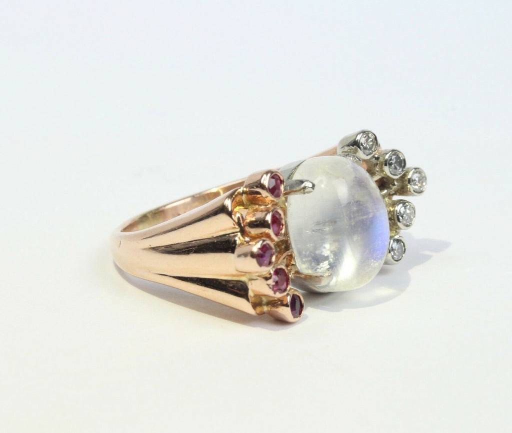 Retro 14K Rose Gold Moonstone Diamond Ruby Ring
