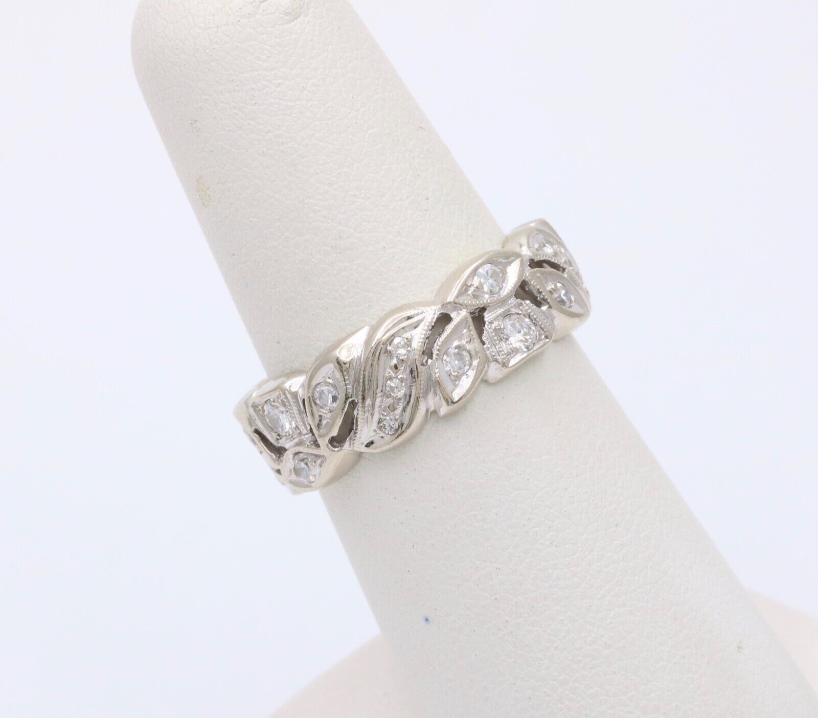 Art Deco 14K White Gold Diamond Ring Band, Wedding Band