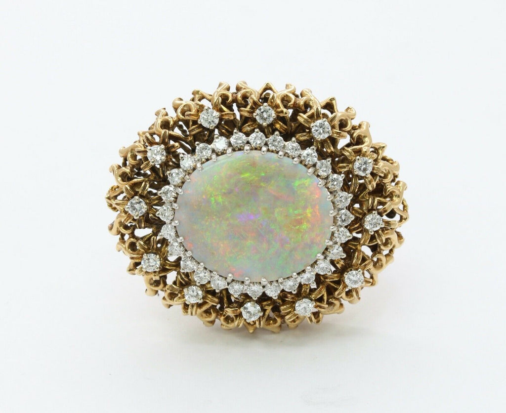 Large Vintage Ladies Opal Diamonds 14K Yellow Gold Statement Ring