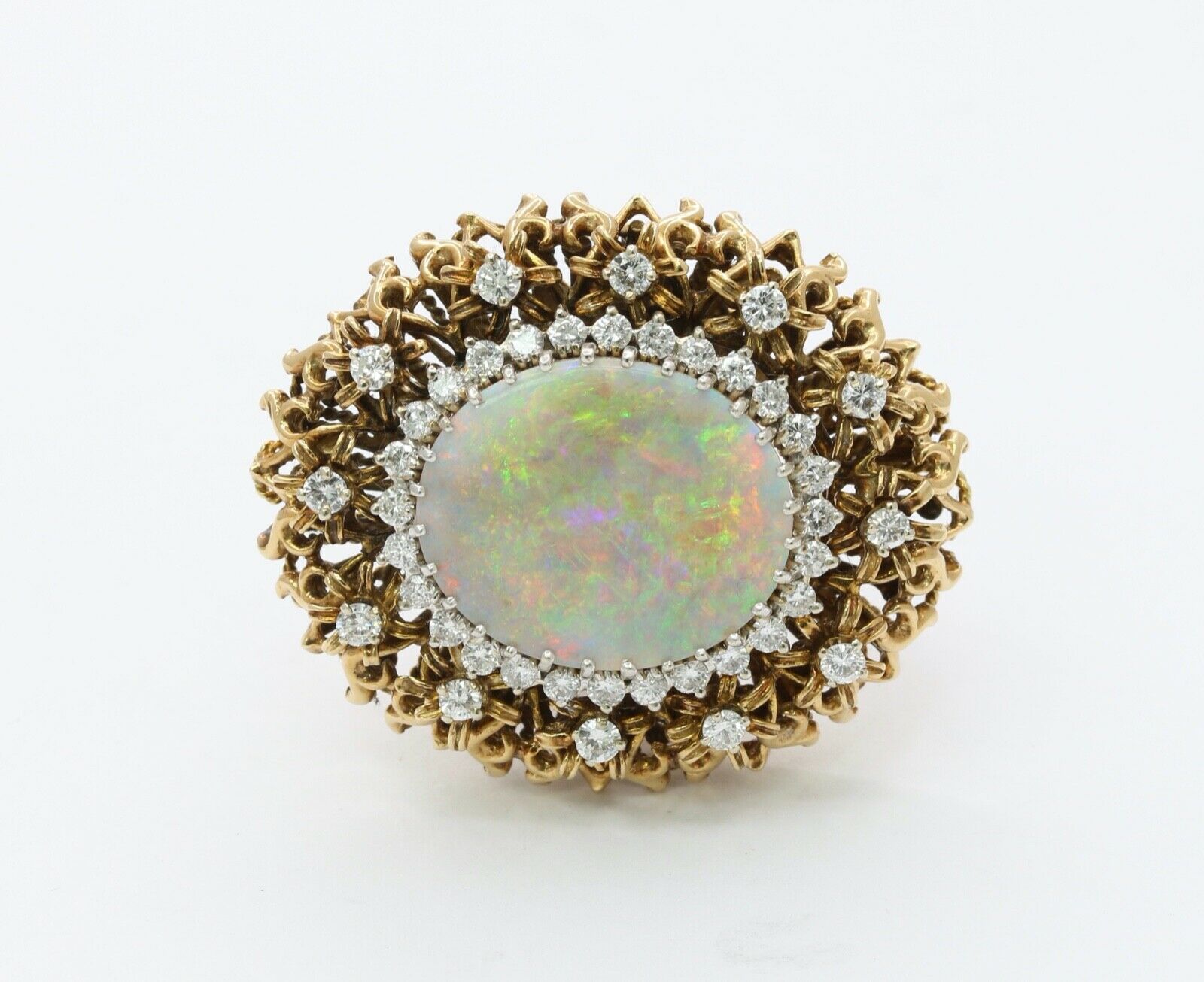 Large Vintage Ladies Opal Diamonds 14K Yellow Gold Statement Ring