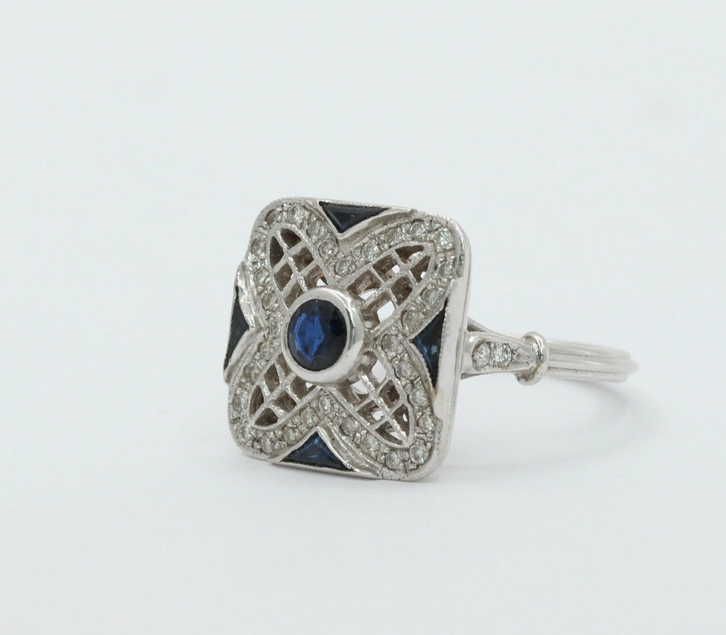 Vintage 18K White Gold Sapphire & Diamond Alternative Engagement Ring