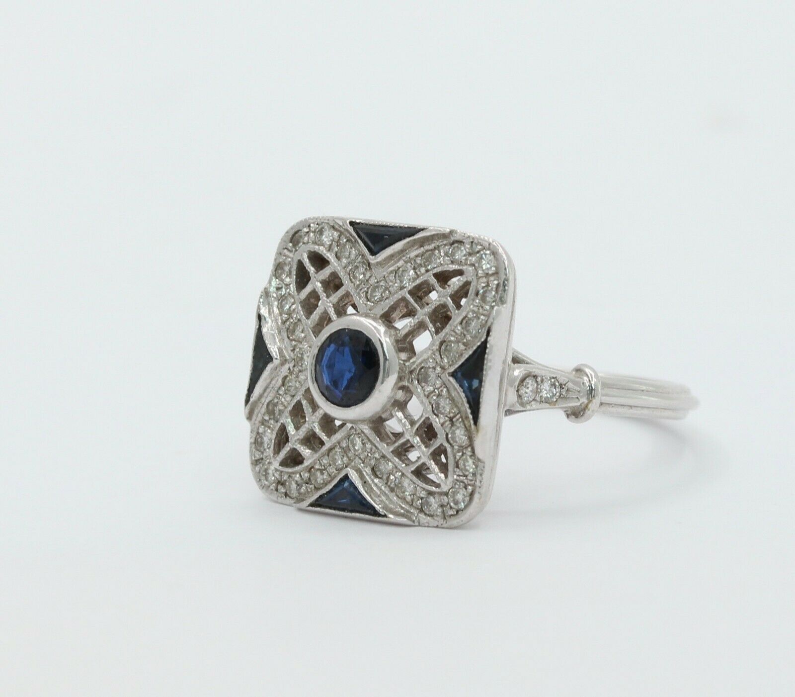 Vintage 18K White Gold Sapphire & Diamond Alternative Engagement Ring