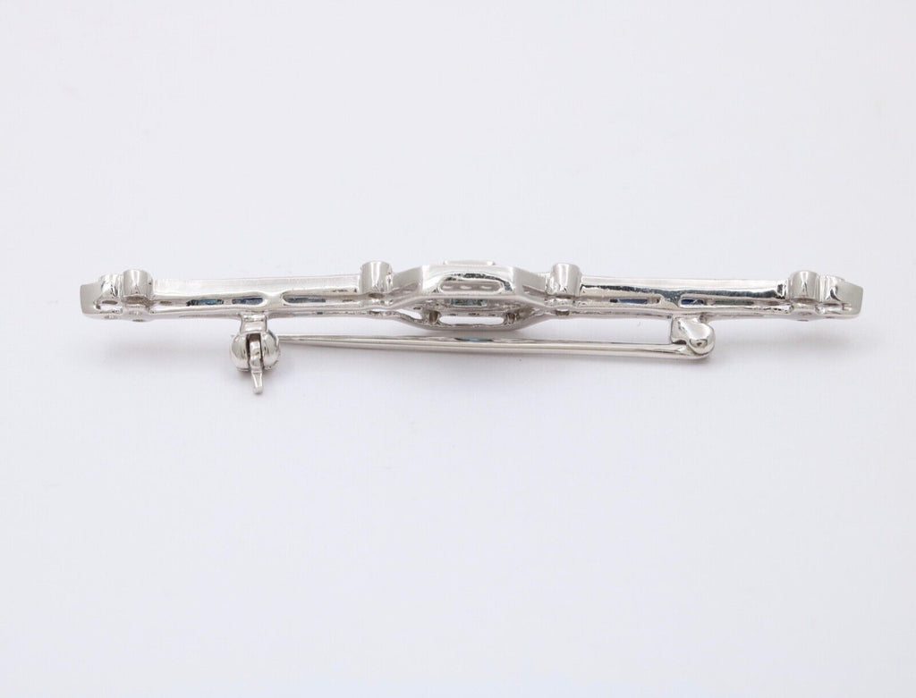 Vintage Art Deco Style 18K White Gold Diamond and Sapphire Bar pin, Brooch