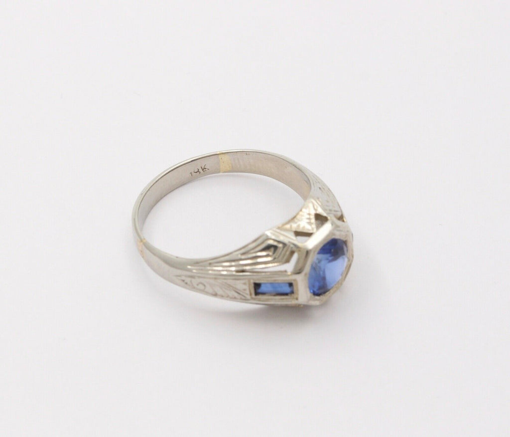 Unique Art Deco Blue Sapphires 18K White Gold Ring