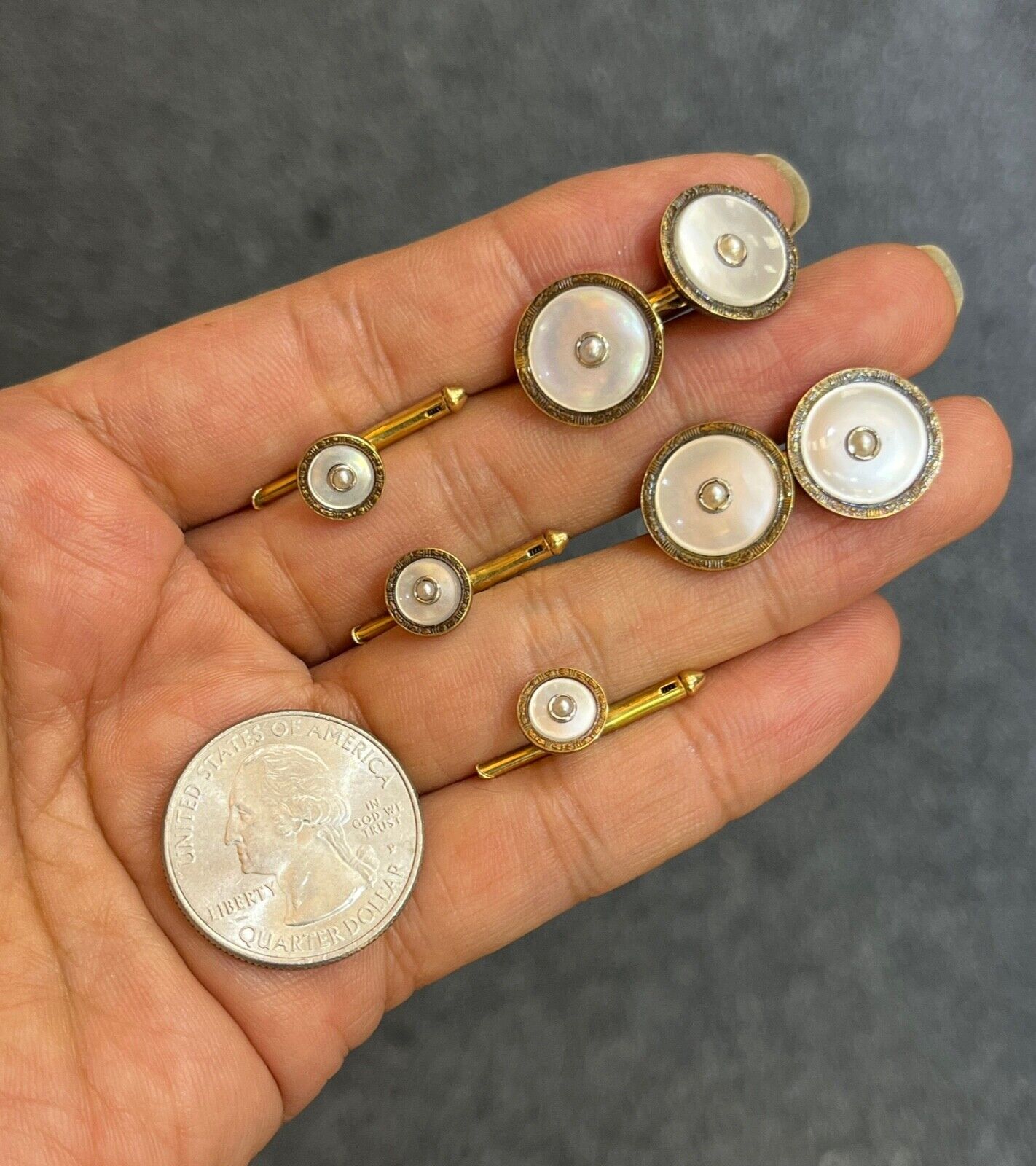 Vintage 14K Gold Mother Of Pearl & Pearl Cufflinks And Dress Studs Set