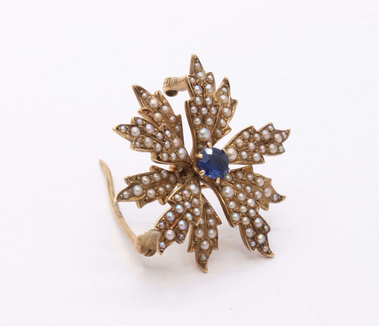 Edwardian 14K Yellow Gold Sapphire Seed Pearls Brooch Pin Pendant