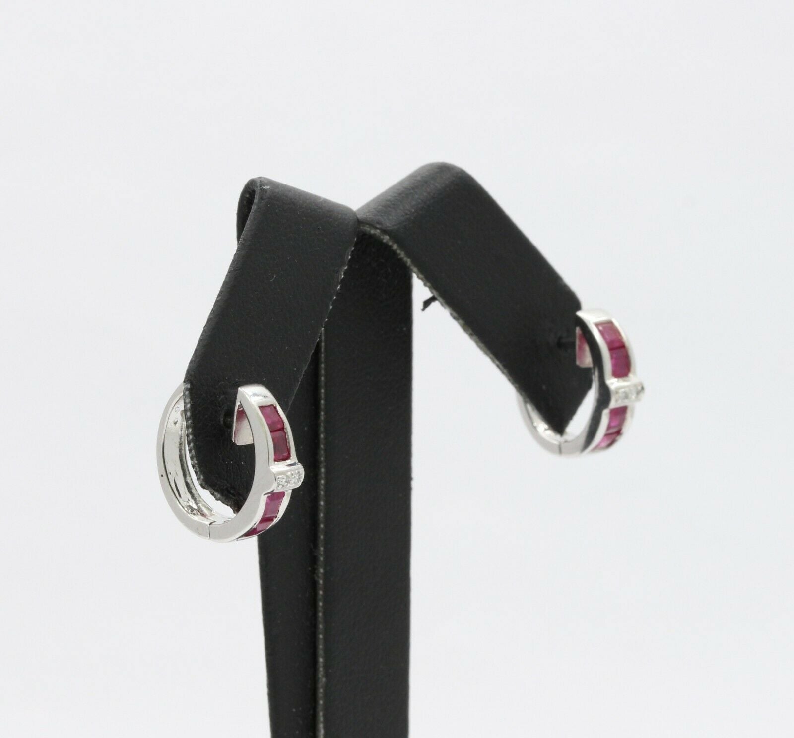 18K White Gold Diamond, Natural Ruby Huggie Earrings